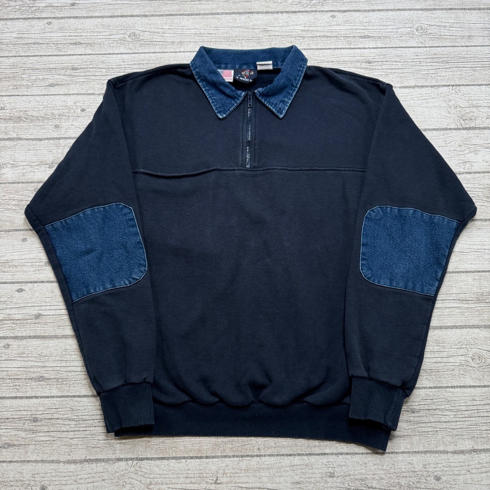 Vintage R Heroes Sweatshirt Men's XL Navy Blue Quarter Zip Elbow Patch USA Made